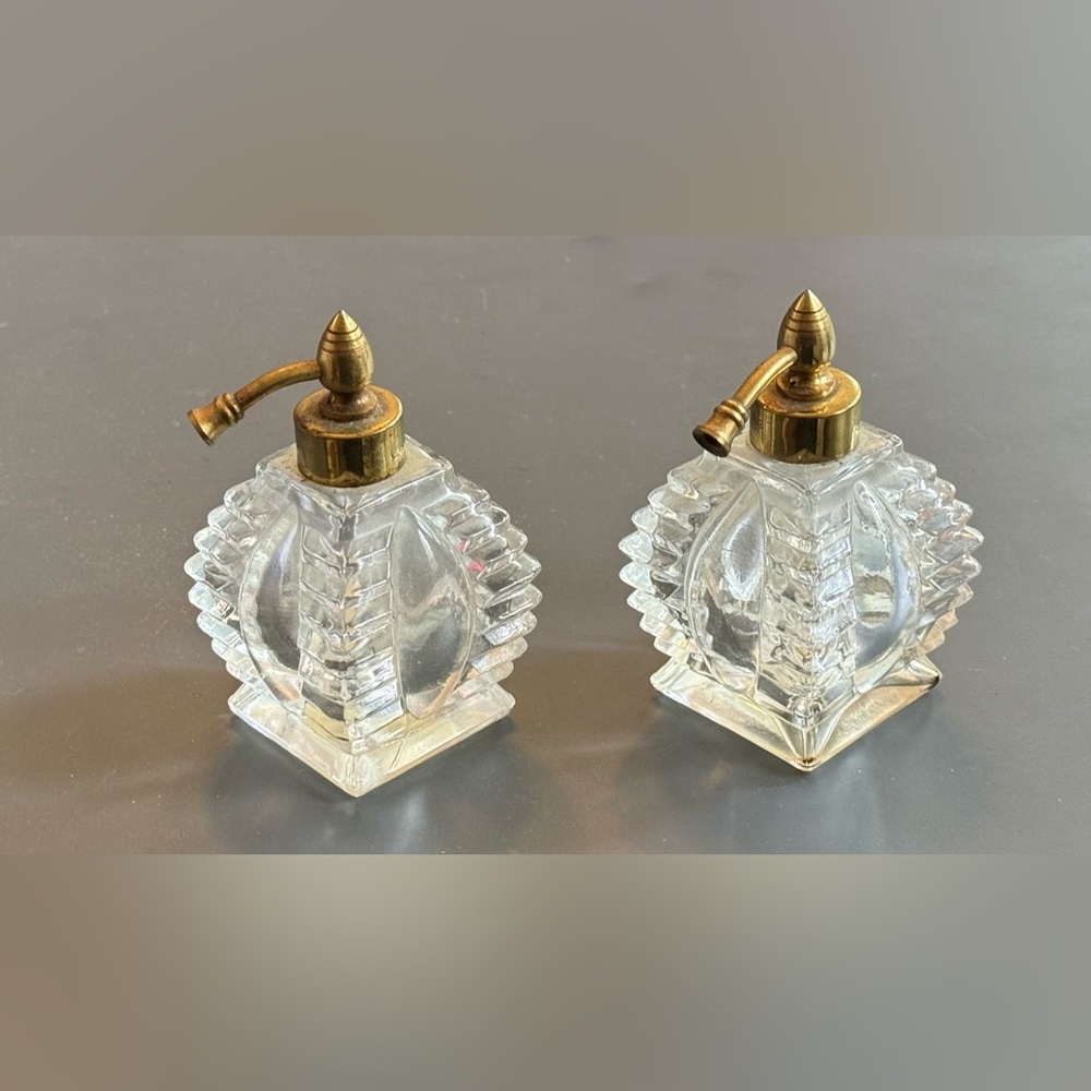 Vintage 50s Vanity Decor Clear Glass Brass Perfume Atomizer Bottles Set IW Rice